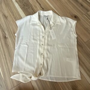 Rachel Zoe Crop Top Woman's XSmall Button Tie Beige ‎ Cap Sleeve Blouse Shirt